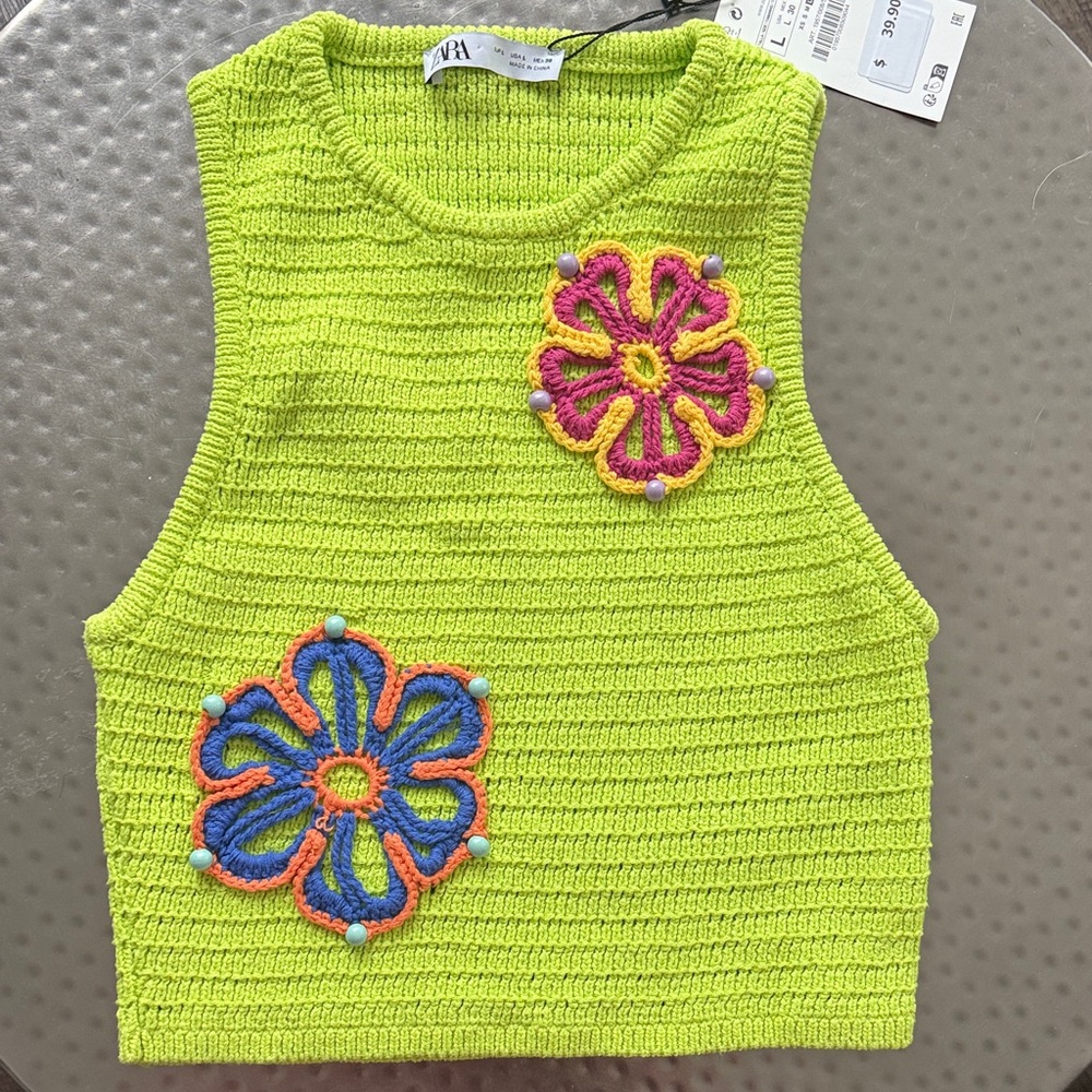 Zara Lime Green Knit Top with Floral Accents